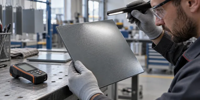 Boyalı metal panelin ışık altında kalite kontrolü; temsili görsel