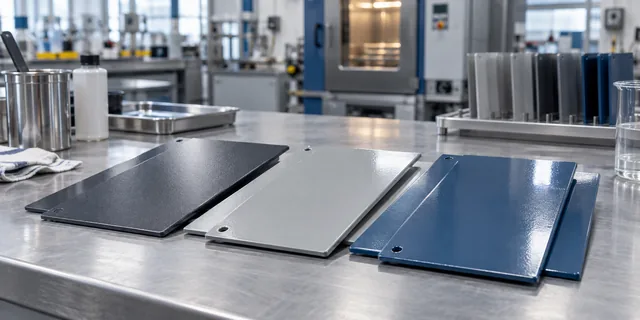 Laboratuvar tezgâhında farklı yüzey özelliklerine sahip boyalı metal numuneler; 
