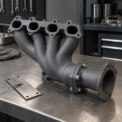 Isıya Dayanıklı Boya Isıya Dayanıklı Boya, koyu renkli egzoz manifoldu, mat metal kaplama, tezgah üzerinde motor parçası, flanş bağlantısı, metal boru kıvrımları, soğuk ekipman örneği, ısıl servis parçası, teknik numune kuponu, sıcaklık sensörü detayı, atölye inceleme alanı, kaplanmış manifold yüzeyi, bağlantı deliği, kömür grisi bitiş, endüstriyel parça fotoğrafı