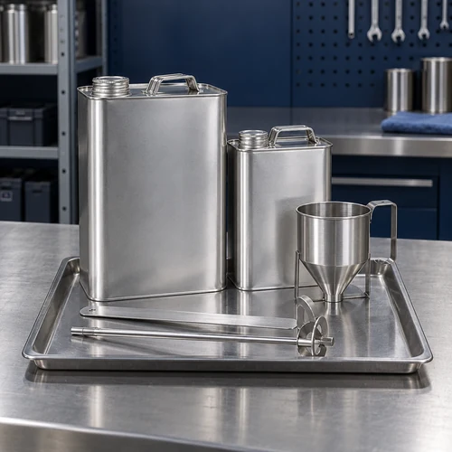Tiner Tiner, kapalı metal solvent kapları, büyük metal bidon, küçük metal kutu, boş viskozite kabı, metal karıştırma araçları, paslanmaz çalışma tepsisi, boya hazırlık tezgahı, kapalı vidalı kapak, metal taşıma kulpu, düzenli endüstriyel ekipman, temiz çalışma yüzeyi, lacivert atölye fonu, ölçüm hazırlık araçları, solvent ambalajı örneği